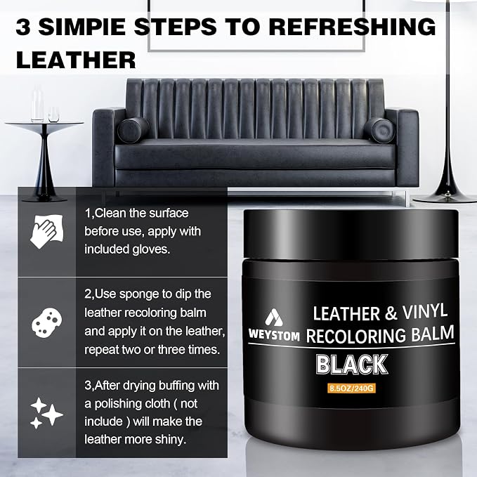 Leather Recoloring Balm - Black Leather Repair Kit for Furniture, Dye, Recolor, Renew, Repair & Restore Aged, Faded, Cracked, Peeling and Scuffed