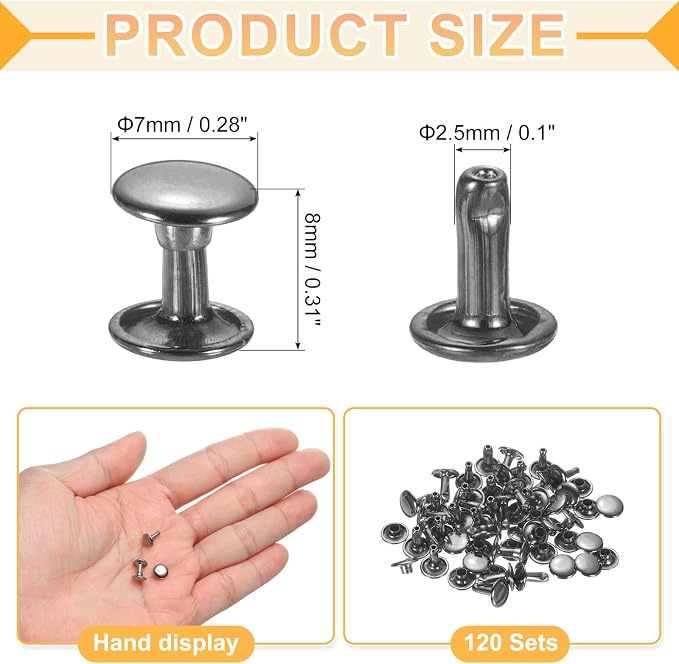uxcell 120Set Leather Rivets, 7mm Double Cap Rivet Tubular Metal Studs Repairs Decoration Craft Accessories for Repair Decorate Leather Craft Belt Bag Shoes Purse Belts, Metallic Black