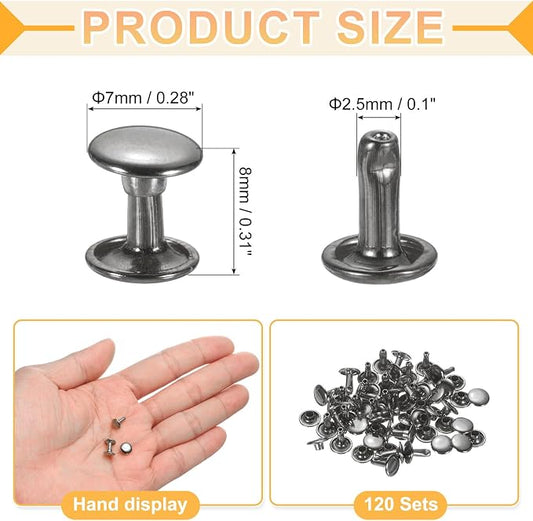 uxcell 120Set Leather Rivets, 7mm Double Cap Rivet Tubular Metal Studs Repairs Decoration Craft Accessories for Repair Decorate Leather Craft Belt Bag Shoes Purse Belts, Metallic Black