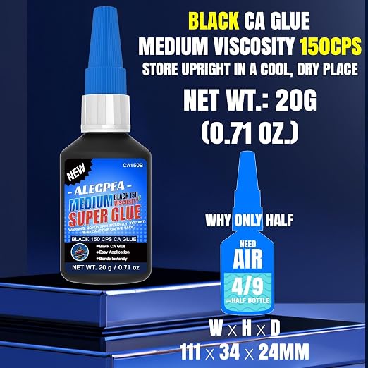 20g Black Medium CA Glue (150 CPS), Premium Cyanoacrylate Super Glue for Wood, Glass, Metal, Paper, Leather, Plastic, Ceramic, Rubber, Jewelry, Woodworking, Hobby Models, and Craft Project