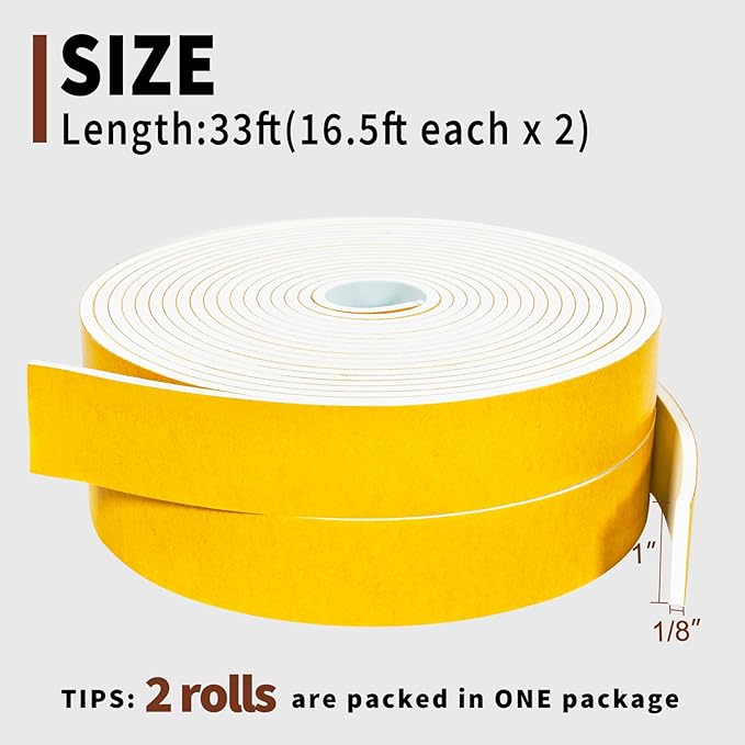 Yotache White Foam Seal Strips Tape 1" X1/8", High Density Closed Cell Foam Weather Stripping for Doors and Windows Insulation, Total 33 Feet Long (2 X 16.5 Ft Each)