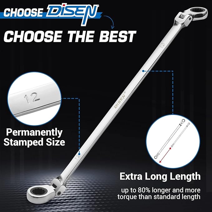 DISEN 10-11mm Extra Long Flex Head Ratcheting Wrench, Double Box End Long Reach Ratchet Wrench, CRV Steel, Metric