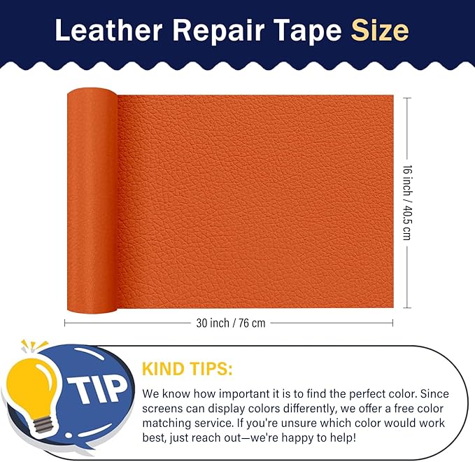 Zenyao Leather Repair Patch Tape - Self Adhesive Leather Repair Kit for Car Seat Furniture, Heavy Duty Vinyl Repair Patch for Couch Sofa, Waterproof Fix for Tears, 16x30 Inch Roll, Orange