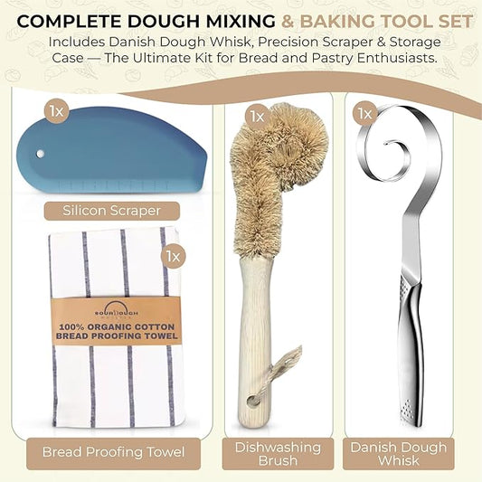 Sourdough Essential Baking Tools Set — Premium Organic Cotton Proofing Tea Towel, Seamless Danish Dough Whisk, Blue Silicone Scraper & Wood Brush (Complete Sourdough Baking & Proofing Kit)