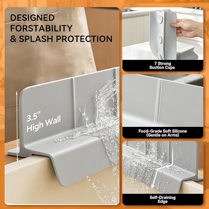 Kitchen Sink Splash Guard 22.8 Inch, Self-Draining Silicone Water Splash Guard with 7 Suction Cups, High Splash Wall & Overhang Edge, Keeps Countertop Dry, Dishwasher Safe (Gray)