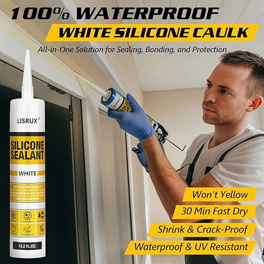 LISRUX Advanced Silicone Caulk for Window & Door, White, 15.2 fl oz Cartridge, 12 Pack - 100% Waterproof Silicone Sealant Indoor Outdoor Caulking, UV Resistant, Stronger Adhesion, Shrink & Crack Proof