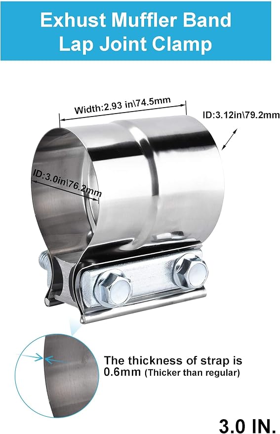 3.0 Inch Exhaust Clamps,DecoHongDi Lap Joint Exhaust Band Muffler Pipe Repair 304 Stainless Steel 2 Packs