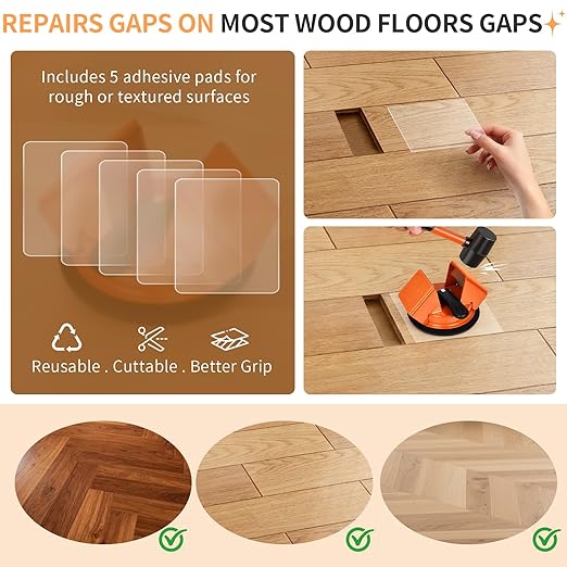 Floor Gap Fixer Tool for Laminate and Vinyl Flooring, Heavy-Duty Steel Floor Gap Repair Tool with Strong Suction Cup, Dual 45° Striking Surfaces, Gap Cleaning Blade, 5 Sticky Pads and 4 Felt Pad