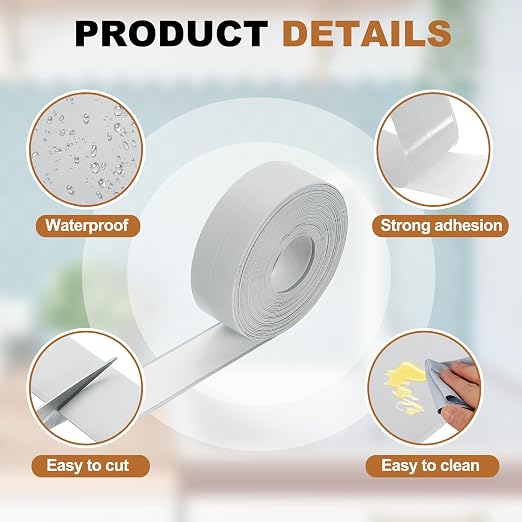 uxcell Caulk Tape Waterproof, 0.83 Inch x 4.92 ft Self-Adhesive Sealant Sealing Strip Caulking Sealant Tape PVC with Tool for Kitchen Sink Toilet Bathroom Bathtub Floor, Gray