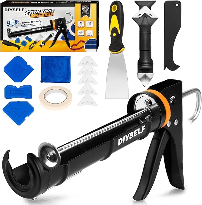 DIYSELF Caulk Gun Kit 9 Pack Professional Caulking Gun Caulk Remover Tool Kit Silicone Gun Sealant Finishing Tool Grout Scraper Hand Caulking Gun No Drip for Bathroom Kitchen Window Sink Tile Sealing