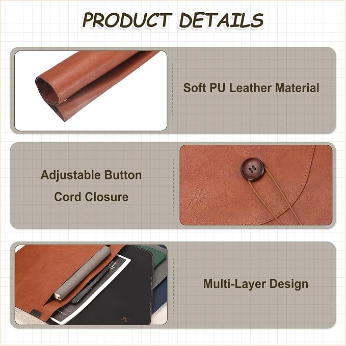 PATIKIL 2Pcs Leather Folder, 14x10 Leather Document Holder File Folder PU Pouch Bag Portfolio File Organizer Button Personal Envelope Waterproof for Traveling Office Men Gift, Gray