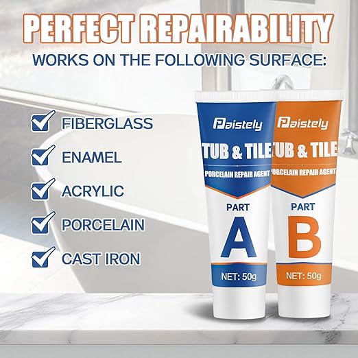 Porcelain Repair Kit, Waterproof Fiberglass Tub Repair Kits, Strong Tile Repair Kit, Non-Toxic Ceramic Tile Repair Kits Suitable for Granite, Marble, Quartz, Ceramics, Porcelain, Resin, etc (50g+50g)
