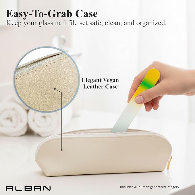 Alban Czech Glass Nail File Set with Manicure Stick & Vegan Leather Cosmetic Case (Yellow-Green Nail Files, Green Manicure Stick & Cream Cosmetic Case)