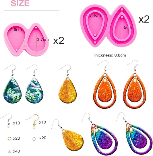 104Pcs Earring Resin Molds Kit, 4pcs Silicone Molds for Resin Jewelry Epoxy Casting Molds with Earring Hooks for DIY Unique Earrings, Tear Drop Style Epoxy Resin Molds, Jewellery Resin Casting Molds