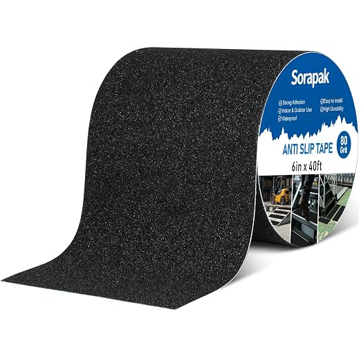 Heavy Duty 6in x 40ft Black Anti Slip Tape, 80 Grit Waterproof Non Skid Grip Tape Roll for Stairs, Ramps, Decks, Boat Decks, Floors, Warehouses & Outdoor Use