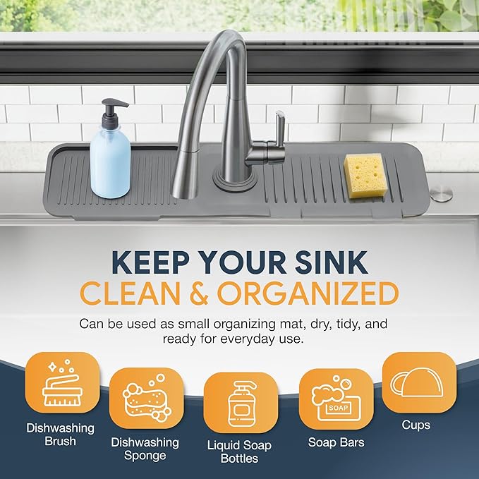 24” Silicone Faucet Mat For Kitchen Sink, Kitchen Sink Splash Guard Behind Faucet, Kitchen Faucet Mat For Kitchen Sink, Kitchen Sink Faucet Mat Splash Guard and Sink Water Splash Guard (Gray)