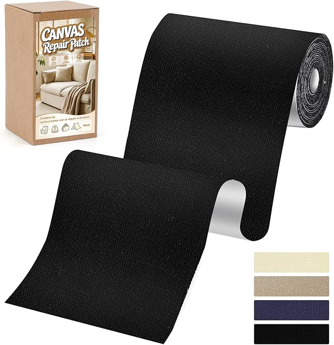 Canvas Repair Patch, 4x79 Inches Self-Adhesive Fabric Tape, Waterproof Canvas Fabric Patch Kit for Repairing Furniture, Cushion, Car Seat, Clothes, Tent, Backpack (Black)