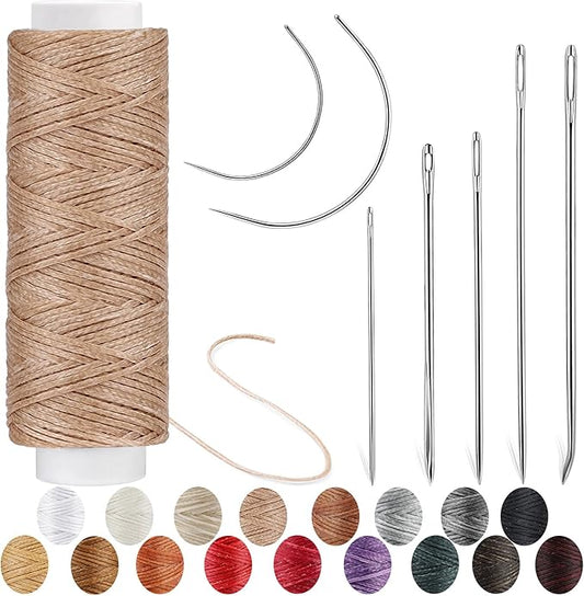 Ftyiwu Waxed Thread, Upholstery Needle and Thread 32 Yards with 7PCS Hand Sewing Needles for Home Upholstery Carpet Canvas Repair Leather Sewing (Khaki)