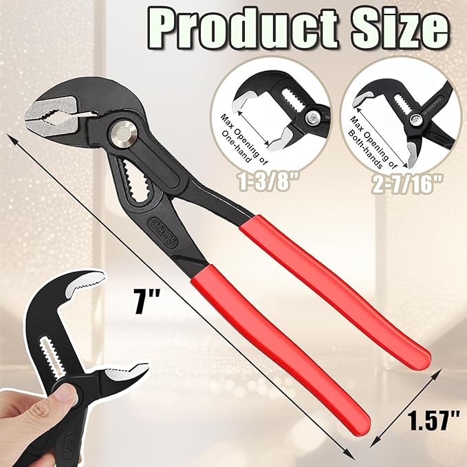 Adjustable Water Pump Pliers 7" Groove Joint Pliers V-Jaw Quick Adjust Tongue and Groove Pliers with Push-Lock and Cushion Grip Ideal for Tight Spaces Plumbing Cars and Home Repair (7 inch)