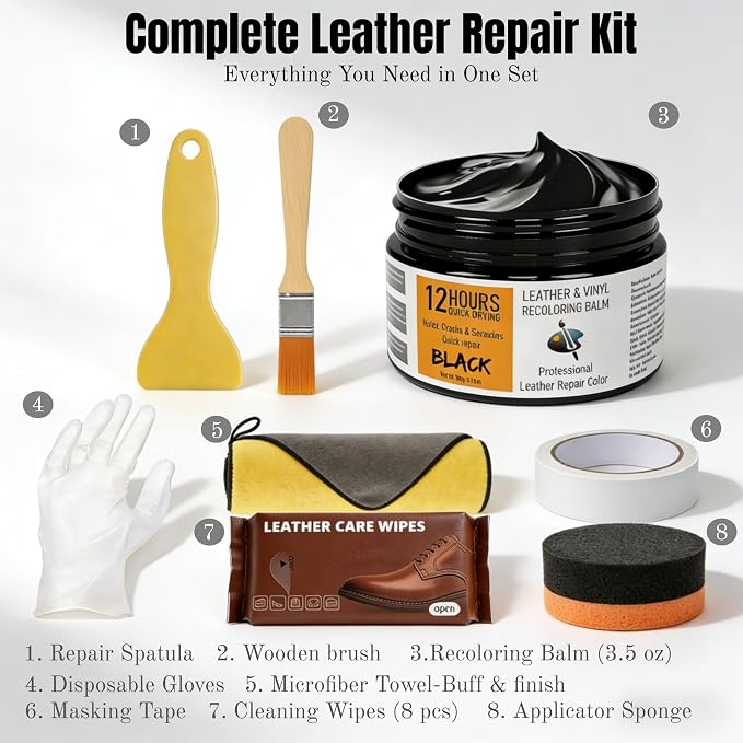 Leather Recoloring Balm 3.53Oz, 12H Quick-Dry Leather Vinyl Repair Cream Kit for Furniture, Couches & Car Seats- Restore Scratched, Faded, & Damaged Surfaces, Waterproof Restorer, Black