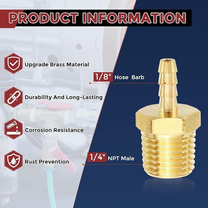 Pack of 3 Brass Hose Barb Fittings Adapter Connector 1/8" Hose Barb to 1/4" NPT Male Fittings for Home Machines, Massage Bathtubs, and Irrigation Systems