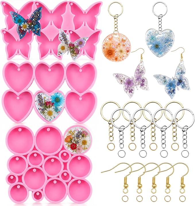Resin Molds Silicone Kit, Epoxy Casting Keychain Molds with Circle Heart Butterfly Shapes, DIY Jewelry Making Supplies with Keyrings and Ear Hooks for Crafts