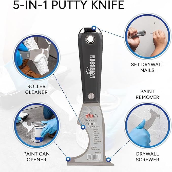MARKSON Putty Knife 5 in 1 with Nylon Hammer End Handle, Spackle Knife, Caulk Removal Tool, Paint Can Opener, Paint Remover from Wood, Wallpaper Scraper