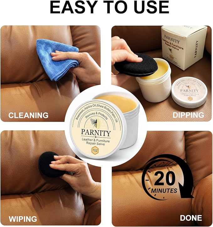 Leather & Furniture Repair Salve, Moisturizer, Polisher & Restorer | Leather Cleaner and Conditioner for Car Seats, Couches, Boots, Saddles & Hardwood Floors, Prevent Cracking or Fading 7oz