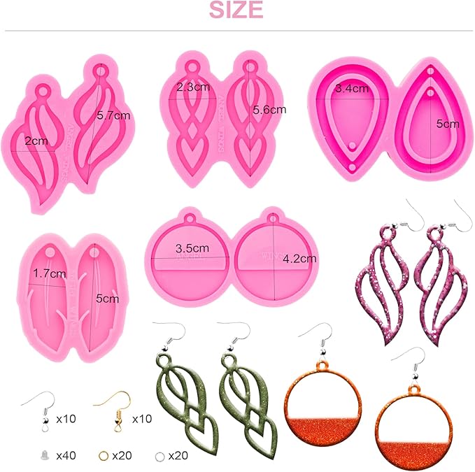 105Pcs Resin Molds Silicone Kit, 5pcs Earring Silicone Molds for Resin Jewelry Epoxy Casting Molds with Earring Hooks for DIY Unique Earrings Epoxy Resin Molds, Earring Jewellery Resin Craft