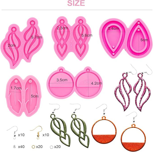 105Pcs Resin Molds Silicone Kit, 5pcs Earring Silicone Molds for Resin Jewelry Epoxy Casting Molds with Earring Hooks for DIY Unique Earrings Epoxy Resin Molds, Earring Jewellery Resin Craft