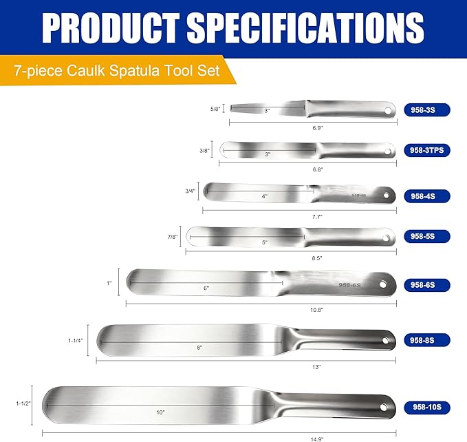 Caulking Spatula Set, 958-G01–7-Piece 304 Stainless Steel Caulking with Spatulas (Widths from 3/8" to 1-1/2") with Cut-Resistant Gloves, Professional-Grade Caulk Finishing Tool for Sealing Smoothing