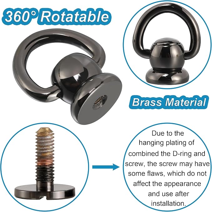 Notgia 4Pcs D Rings for Purse Brass Rivets for Leather Rotatable Purse Strap Hardware Ball Button Studs for Handbag D Rings Chicago Screws for Repair Purse Dog Collar Leather Crafts (Black)