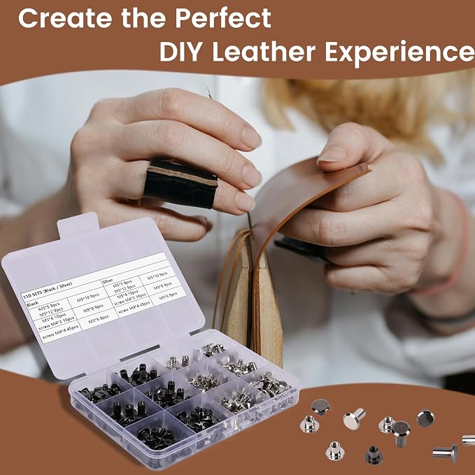 Chicago Screws, AIIQESBT 110 Pcs Leather Rivets with 2 Pcs Tool Kit, Assorted Screw Rivets Binding Set for Decorate & Repair Leather Crafting, Belts, Bag, Purse & DIY Crafts (Gunmetal Black & Silver)