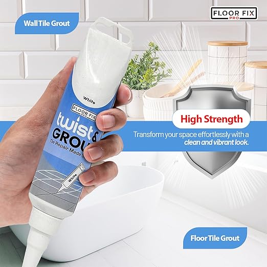 Floor-Fix Pro Twist & Grout Repair Kit – Premixed Waterproof Grout Repair & Grout Paint Pen Alternative – Fast Tile Grout Reviver for Bathroom, Shower & Kitchen – Crack-Resistant (White, 8.8 Fl Oz)