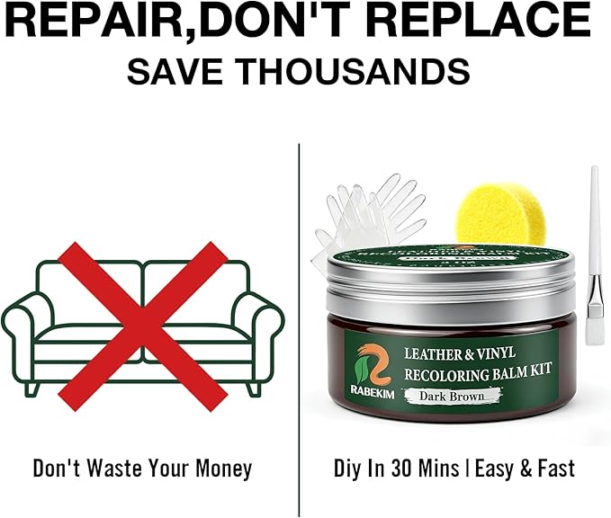 Dark Brown Leather Repair Kit, Leather Recoloring Balm – Restore & Repair Faded Leather on Couches, Car Seats, Shoes & Furniture | Leather Color Restorer & Conditioner | Easy DIY Application