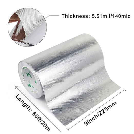 BOMEI PACK Adhesive Aluminum Foil Heat Shield Tape 9inch x 66ft Barrier Fiberglass Thermal Insulation Reflective Material High Temp Protectionn,1 Pack