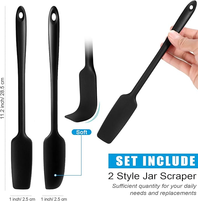 Patelai 2 Pieces Long Handle Small Rubber Spatula Mini Silicone Jar Spatula Non-stick Rubber Scraper 11 Inch Silicone Scraper for Jars, Smoothies, Blenders Cooking Baking Stirring Mixing Tools(Black)
