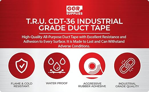 GGR Supplies T.R.U. CDT-36 Industrial Grade Duct Tape. Waterproof and UV Resistant. Multiple Colors Available. 60 Yards. (Red, 1/2 in.)