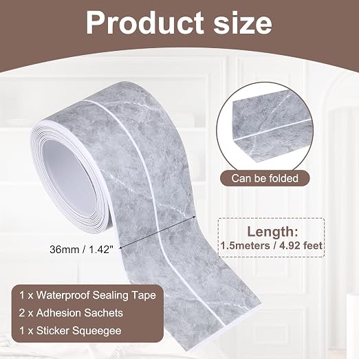 uxcell Caulk Tape Waterproof, 1.42 Inch x 4.92 ft Self-Adhesive Sealant Sealing Strip Caulking Sealant Tape PVC with Tool for Kitchen Sink Toilet Bathroom Bathtub Floor, Gray Marble