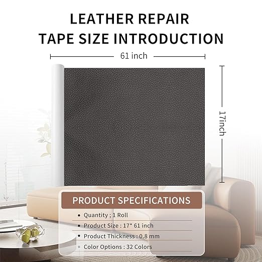 Leather Repair Patch Tape, Dark Brown 17 x 61 Inches Self Adhesive Leather Repair Kit for Furniture, Car Seat,Vinyl Leather Repair Kit for Office Chairs, Bags, Luggage