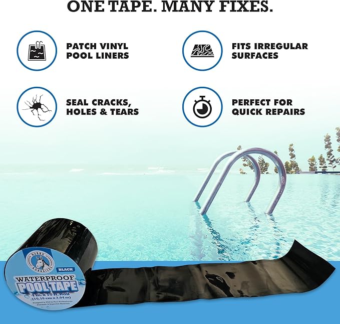 Burro Adhesives Professional Waterproof Black Pool Tape 4" x 10' – Heavy Duty PVC Vinyl Pool Repair for Underwater & Dry Applications, Dark Liners & Plumbing, Instantly Seals Leaks