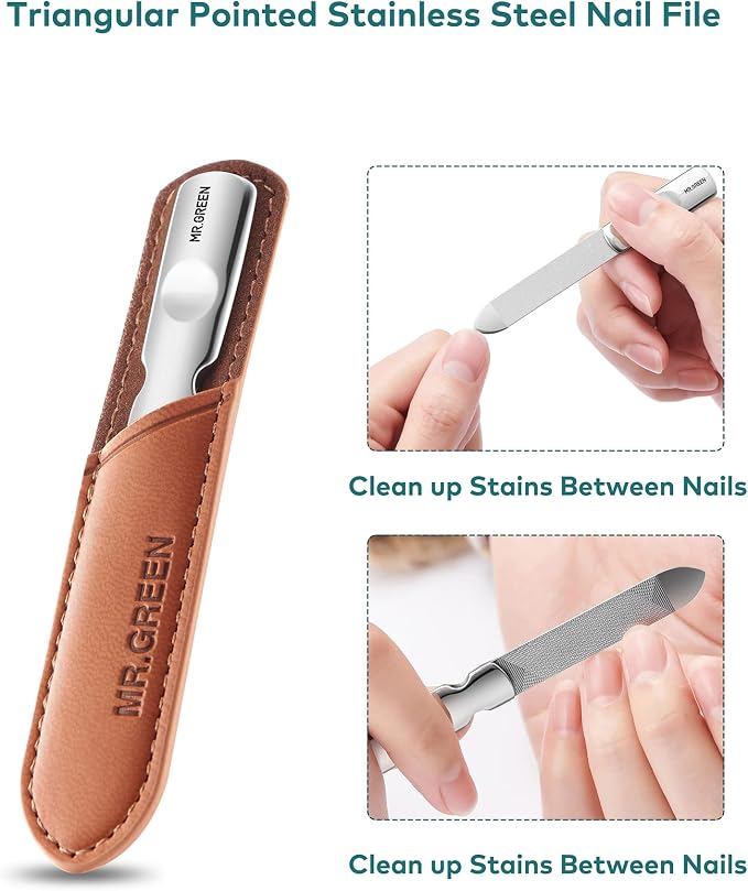 Nail File,Professional Double Sided Stainless Steel Nail File with Non-Slip Handle and Leather Case,Double Sided and Files Nails Easily for Men and Woman