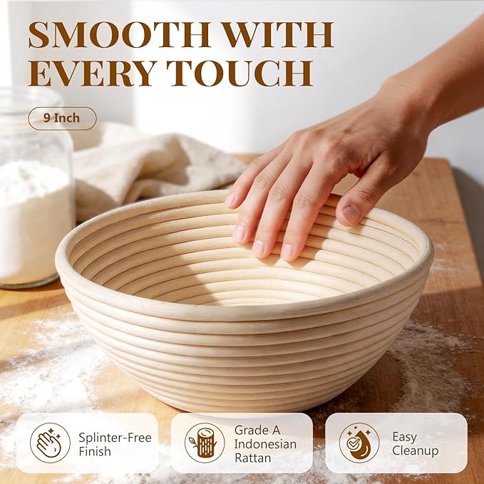 2 Pack Banneton Bread Proofing Baskets for Sourdough, 9 Inch Round Natural Rattan Proofing Basket for Dough Rising, Bread Proofing Bowl Sourdough Bread Baking Supplies for Home Bakers