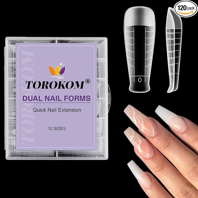 TOROKOM 120Pcs Poly Extension Gel Dual Nail Forms T-Shapes Clear Nail Forms Full Cover Coffin Nail Molds 12 Sizes for Gel Manicure Nail Art Design Salon&DIY