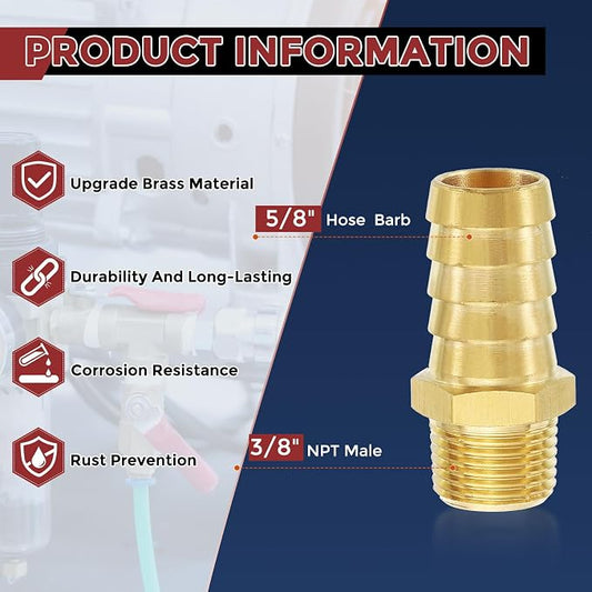Pack of 8 Brass Hose Barb Fittings Adapter Connector 5/8" Hose Barb to 3/8" NPT Male Fittings for Home Machines, Massage Bathtubs, and Irrigation Systems