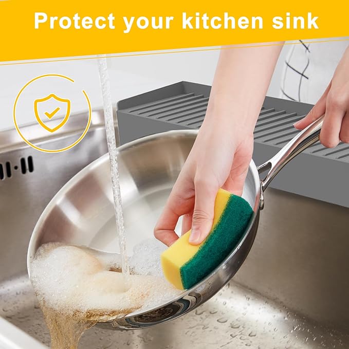Silicone Sink Edge Protectors - Multifunction Accessories, Splash Guard & Draining Mat for Kitchen, Bathroom Sink, Steel, Granite, Quartz Countertops (Gray, 4 * 24in)