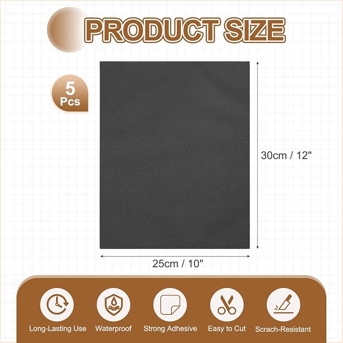 MECCANIXITY 5 Pcs Leather Repair Patch 10"x12" Self-Adhesive Leather Vinyl Repair Tape Kit for Furniture Couches Sofa Chair Car Boat Seats Jackets, Black