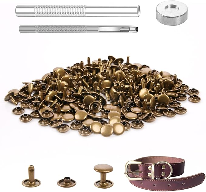 100 Sets Leather Rivets 10x8mm Double Cap Rivets Snaps Metal Studs Fasteners with 3pcs Setting Tools for Leather Craft DIY Repair Decoration, Bronze