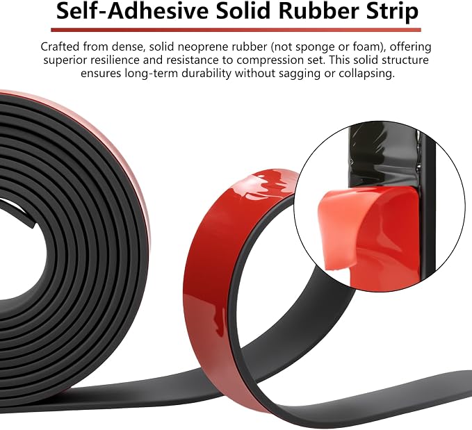 Adhesive Solid Rubber Strips - 1/2" Wide x 1/16" Thick x 180" Long, Black Neoprene Rubber Gasket Strip Roll for DIY Seal, Weather Striping,Liner,Cushion & Craft
