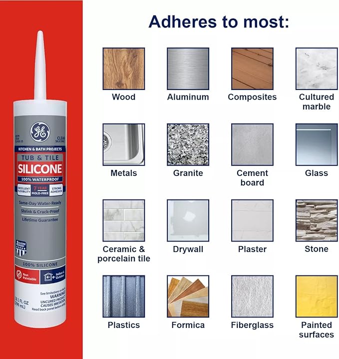 GE Sealants & Adhesives GE612 Tub & Tile Silicone 1 Sealant, 10.1oz, Clear (Pack of 3)